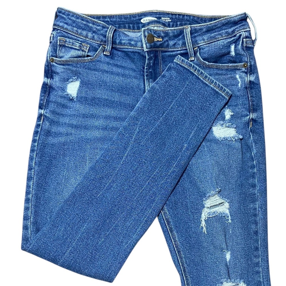 OLD NAVY Rockstar Super Skinny Jeans Mid‎ Rise Distressed Blue Preppy Size 8